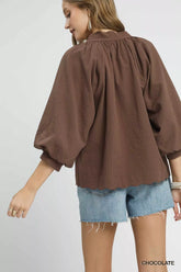 Umgee Full Size Textured Notched Balloon Sleeve Blouse Plus Size OutfitFlow
